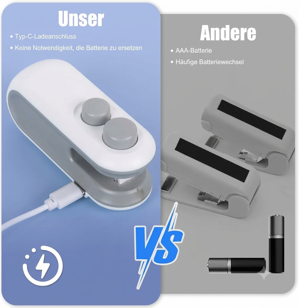 Comparison graphic showing rechargeable USB Type-C sealer versus battery operated sealer