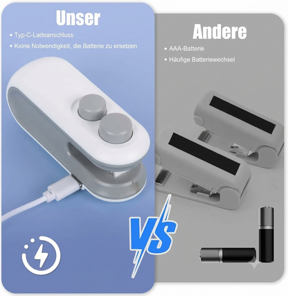 Comparison graphic showing rechargeable USB Type-C sealer versus battery operated sealer