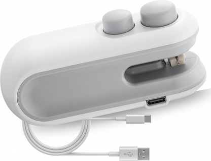 Compact 2-in-1 heat bag sealer device side view with coiled white charging cable