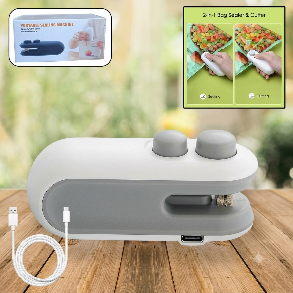 White portable bag sealer and cutter placed on wooden table with product box and USB charging cable