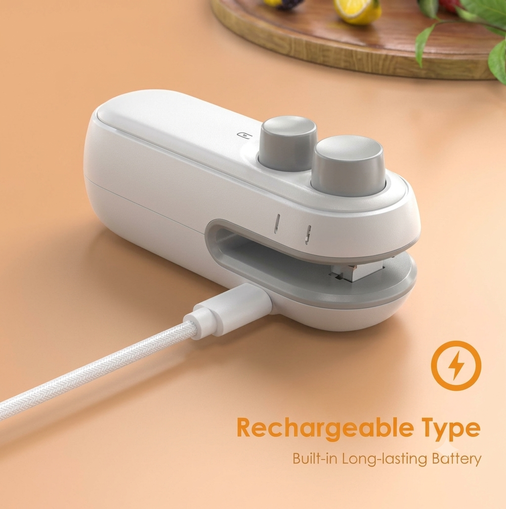 Rechargeable mini bag sealer charging with USB Type-C cable on kitchen counter top