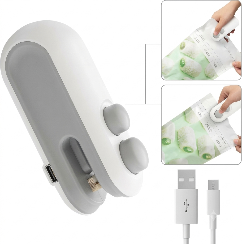 Handheld 2 in 1 heat sealer sealing a plastic snack bag with attached USB charging cable and usage demonstration