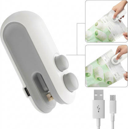 Handheld 2 in 1 heat sealer sealing a plastic snack bag with attached USB charging cable and usage demonstration