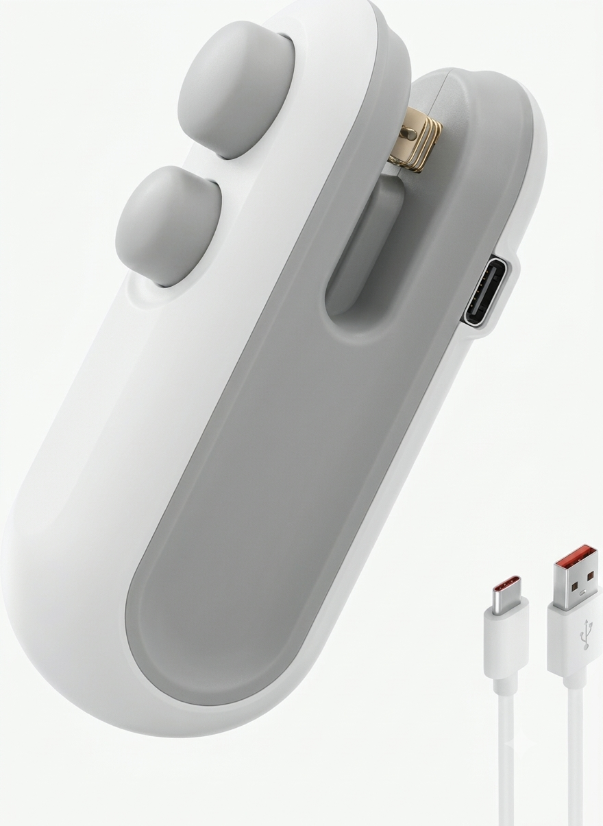 Angle view of white and grey mini bag sealer device with USB-A to Type-C charging cable