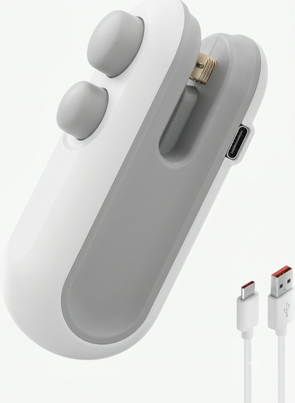 Angle view of white and grey mini bag sealer device with USB-A to Type-C charging cable