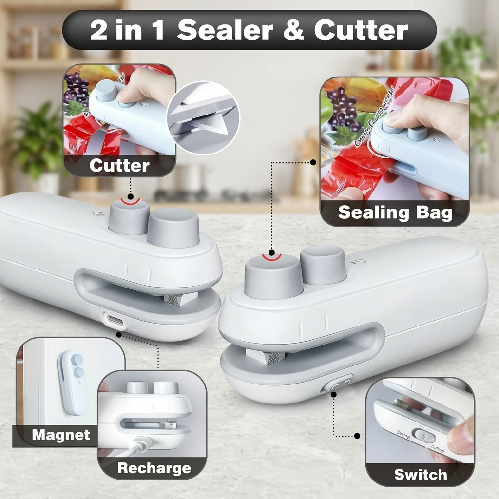 2 in 1 portable mini bag sealer and cutter product features infographic showing sealing bag, cutter, magnetic base, Type-C charging, and safety switch